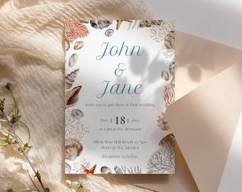 May include: A wedding invitation with a watercolor design featuring seashells, coral, and starfish. The invitation reads "John & Jane" and includes the date "June 18, 2023" and the location "Hilton Rose Hill Resort & Spa, Montego Bay, Jamaica".