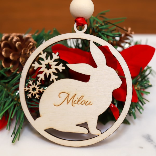 Personalized Wood Bunny Rabbit Christmas Tree Ornament - Gift for Bunny Rabbit Owners