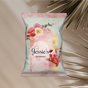 Boho Pink and Gold Chip Bag Template, First Birthday Party Favours