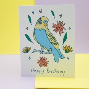 Carte de joyeux anniversaire perruche | Carte de voeux à imprimé floral perruche
