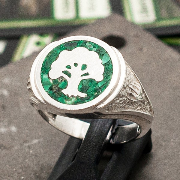 MTG Signet Ring Forest Green Mana Reconstituted Natural Stone 925 Sterling Silver by KAIKO