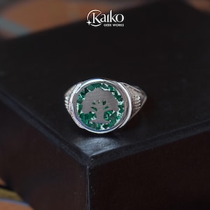 Anello con sigillo MTG Mana verde foresta Pietra naturale ricostituita Argento Sterling 925 di KAIKO