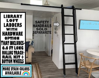 BLACK Ladder plus LIBRARY KiT Hardware Option-6.6 Ft long Sliding/Rolling Rail Kit. WOOD Library Loft Ladders,Fully Asembled Ladder 5ft-9ft