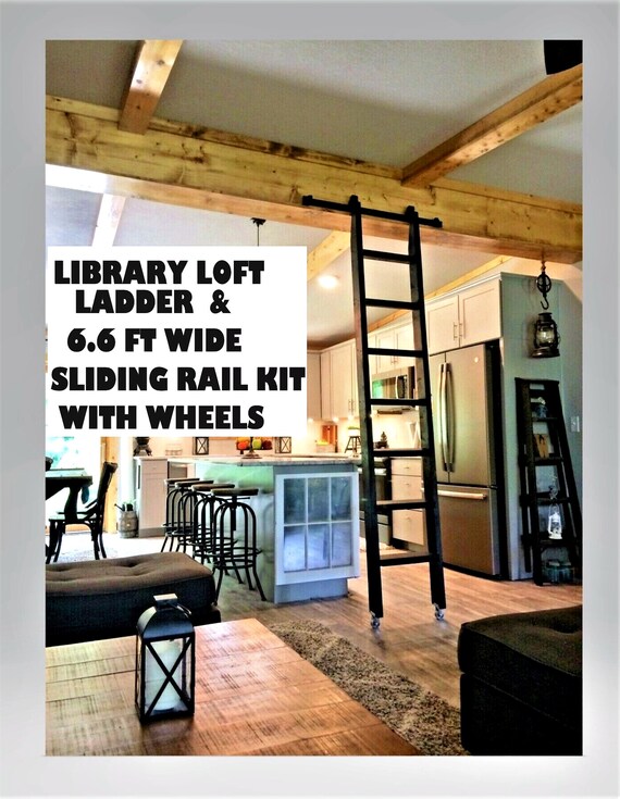 Black Ladderlibrary Kit 6 6 Ft Sliding Railbottom Wheels Etsy