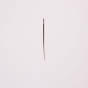 May include: A single, slender sewing needle with a small eye at the top. The needle is made of a dark metal and is positioned vertically against a plain, off-white background. The needle's sharp point is at the bottom.