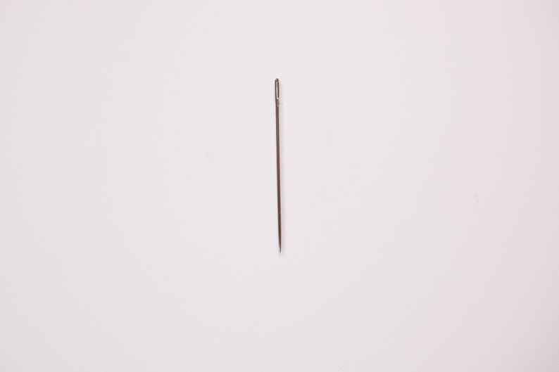 May include: A single, slender sewing needle with a small eye at the top. The needle is made of a dark metal and is positioned vertically against a plain, off-white background. The needle's sharp point is at the bottom.