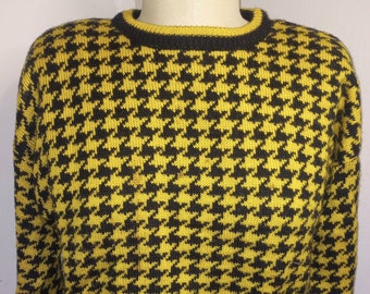 1990er IVY Gelb-Schwarzer Hahnentritt-Pullover mit abnehmbaren Schulterpolstern GRÖSSE L