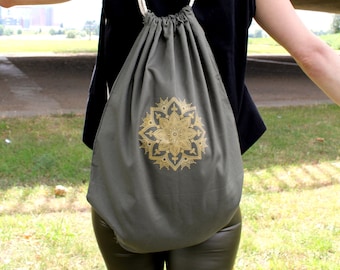 Gym bag olive cotton with golden mandala pattern
