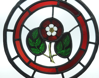 Victorian Style Tudor Rose Stained Glass Roundel, Hand crafted Leaded Light