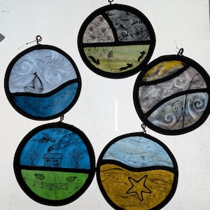 Hand Painted Stained Glass Suncatcher, 14cm Storybook Landscape Roundel, Whimsical Country Cottage