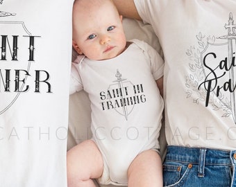 INFANT Saint in Training Baby Bodysuit - Catholic Clothing for Babies - Baby shower, birthday, or baptism gift