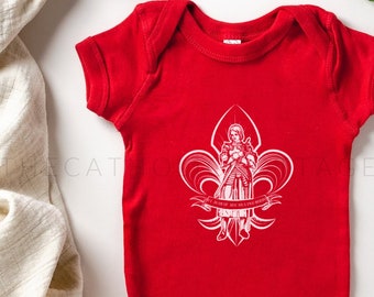 INFANT St. Joan of Arc, ora pro nobis, Fleur de Lis Baby Bodysuit - Catholic Saint Clothing for Babies