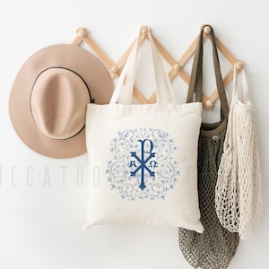 Floral Chi Ro Canvas Tote Bag - Catholic Mass Bag - Catholic gift for women and girls