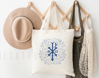 Floral Chi Ro Canvas Tote Bag - Catholic Mass Bag - Catholic gift for women and girls