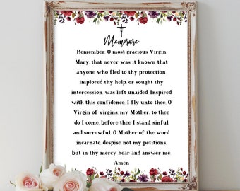 Memorare - Catholic/Christian Prayer in English and Latin, Digital Printable, Prayer Card and Flower Wall Art