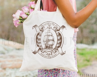 St. Therese of Lisieux Canvas Tote Bag - The world is thy ship - Catholic gifts - Catholic Mass Bag