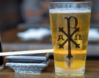 Chi Rho Christogram Pint Glass, 16oz - Catholic Beer Glass - Drinking Cup - Gifts in Latin - Beer Stein