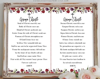 Anima Christi - Catholic/Christian Prayer in English and Latin, Prayer Card, Digital Printable and Flower Wall Art