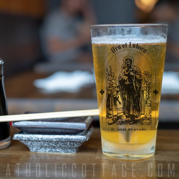 St. Joseph - Ora et Labora - Pint Glass, 16oz - St. Joseph, ora pro nobis - Catholic Beer Glass - Drinking Cup - Gifts in Latin