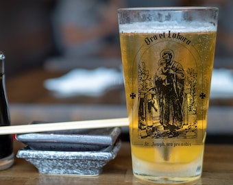 St. Joseph - Ora et Labora - Pint Glass, 16oz - St. Joseph, ora pro nobis - Catholic Beer Glass - Drinking Cup - Gifts in Latin