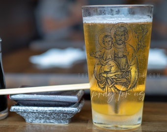 St. Joseph Pint Glass, 16oz - Catholic Beer Glass - Drinking Cup - Catholic Men Gifts in Latin