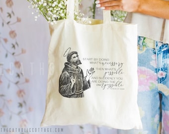 St. Francis of Assisi Canvas Tote Bag - doing the impossible saint quote - Catholic gifts - Catholic Mass Bag