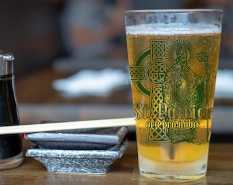 St. Patrick Pint Glass, 16oz - Catholic Drinking Glass - Catholic Kitchen - Gifts in Latin - ora pro nobis