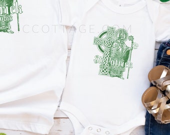 INFANT St. Patrick, ora pro nobis Baby Bodysuit - Irish Catholic Bodysuit with Celtic Cross and Three Leaf Clover - Clothing for Babies