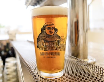 St. Thomas Aquinas Pint Glass, 16oz - Catholic Drinking Glass - Catholic Kitchen - Gifts in Latin - Catholic Men, Father Present