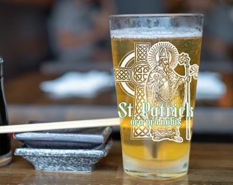 St. Patrick, ora pro nobis Pint Glass for dark beer, 16oz - Catholic Drinking Glass - Catholic Kitchen - Catholic Gifts in Latin