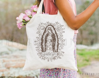 Our Lady of Guadalupe Canvas Tote Bag - Floral Marian Bag - Catholic gifts - Catholic Mass Bag -Catholic Advent Christmas