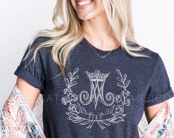 Floral Auspice Maria "Fiat" T Shirt - Unisex Short Sleeve Tee - Catholic Gift for girls, women, mom, wife, sister, mother, grandmother