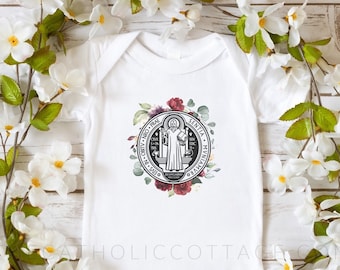 INFANT Floral St. Benedict Medal Baby Bodysuit - Catholic Clothing for Babies