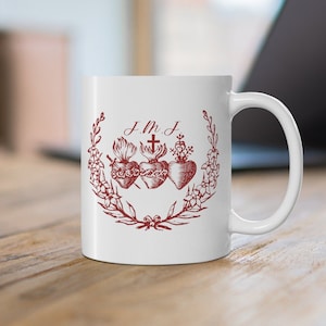 Vintage Floral Holy Hearts of Jesus, Mary, & Joseph Mug 11 oz., Catholic Mug 11 oz, Catholic gift for men and women, Catholic Kitchen, JMJ
