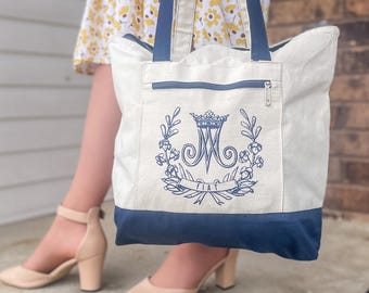 Navy Floral Marian Mass Bag "Fiat" | Zippered Canvas Tote | Mass Bag, Adoration, Veil Bag | Gift for Catholic women, girls, teen