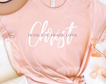 Advent Candle Word T shirt - Hope, Joy, Peace, Love, Christ - Catholic Christmas Gifts for Women and Girls - Unisex Short Sleeve Tee