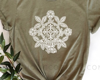 Vintage Floral "Laus Deo" Latin for "Praise be to God" Tee - Catholic Cross Gifts for Women and Girls