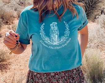 Salve Regina T Shirt - "O Clemens, O Pia, O Dulcis Virgo Maria" - Our Lady and Infant Jesus Catholic Unisex Short Sleeve Tee