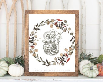Fall/Autumn St. Joseph and Child Jesus Printable - Catholic/Christian Autumn Printable, All Saints Day Printable, Thanksgiving Decor