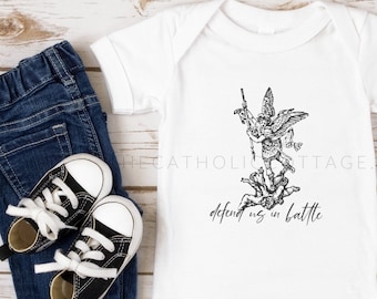 INFANT St. Michael Defend us in Battle Baby Bodysuit - Catholic Saint Clothing for Babies