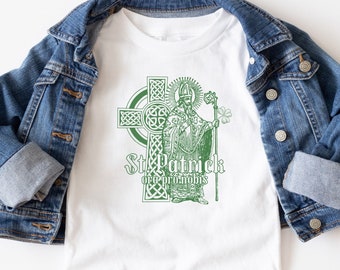 YOUTH St. Patrick, ora pro nobis Tee - Irish Catholic T Shirt with Celtic Cross and Three Leaf Clover - Clothing for Catholic Kids