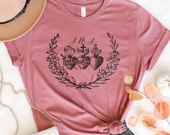 Holy Family 3 Hearts Catholic T Shirt - Unisex Tee - Catholic gift for women and girls