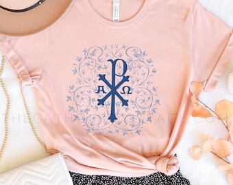 Vintage Floral Chi Ro Tee - Catholic Cross Gifts for Women and Girls - Christogram t shirt alpha and omega
