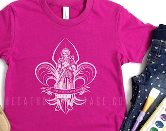 YOUTH St. Joan of Arc, ora pro nobis, Fleur de Lis Tee - Catholic Saint T Shirt - Clothing for Catholic Kids