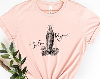 Salve Regina - Hail Holy Queen in Latin - Mary T Shirt - Short Sleeve Tee - Catholic saint gift for girls and women