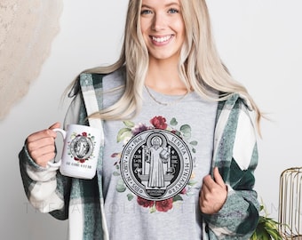 Floral St. Benedict Medal T Shirt - "Be gone satan. Drink the poison yourself" - Short Sleeve Tee - Catholic T Shirts for Women