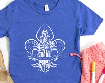 TODDLER St. Joan of Arc, ora pro nobis, Fleur de Lis T Shirt - Catholic/Christian Saint Clothing for Kids