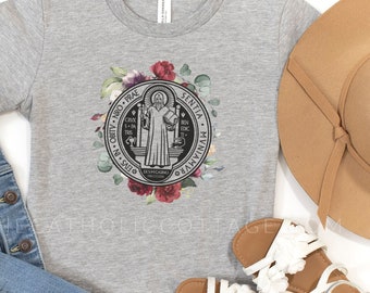 TODDLER Floral St. Benedict Medal T Shirt - Catholic/Christian Clothing for Kids