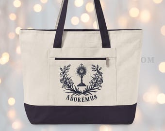 Vintage Floral Eucharist Mass Bag | Zippered Canvas Tote | Adoration Bag, Veil Bag | Gift for Catholic women, girls, teen