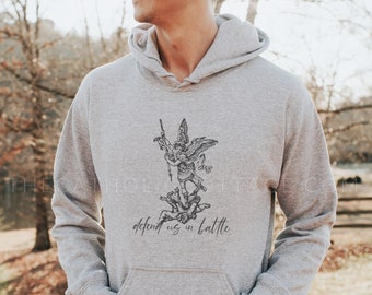St. Michael the Archangel Hoodie, "Defend us in battle" - Hooded Sweatshirt - Catholic Men & Women Hoodie